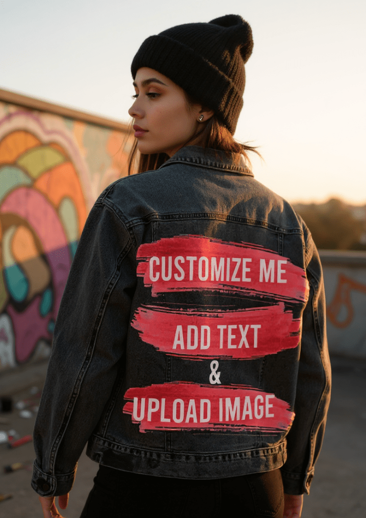 Customize & Design your own digitally printed Denim Jacket (hand-made) with 3 color choices of jacket: Stonewash, White, or Black. Unisex XS S M L XL 2X 3X Customize & Design your own digitally printed Denim Jacket (hand-made) with 3 color choices of jacket: Stonewash, White, or Black. Unisex XS S M L XL 2X 3X