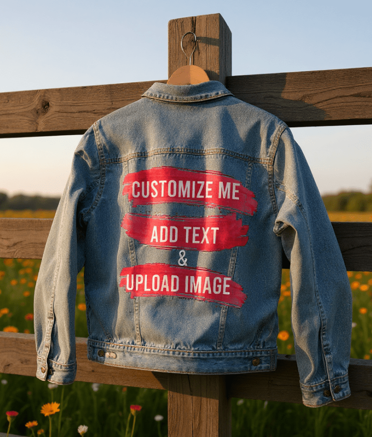 Customize & Design your own digitally printed Denim Jacket (hand-made) with 3 color choices of jacket: Stonewash, White, or Black. Unisex XS S M L XL 2X 3X Customize & Design your own digitally printed Denim Jacket (hand-made) with 3 color choices of jacket: Stonewash, White, or Black. Unisex XS S M L XL 2X 3X