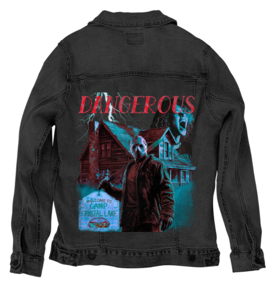 DANGEROUS by DeROUCHE DESIGNS, digitally printed on DENIM products: throw pillows, aprons, table place mats, and hand-made Unisex Denim Jackets in 3 color choices