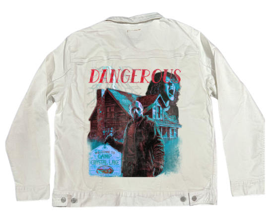 DANGEROUS by DeROUCHE DESIGNS, digitally printed on DENIM products: throw pillows, aprons, table place mats, and hand-made Unisex Denim Jackets in 3 color choices
