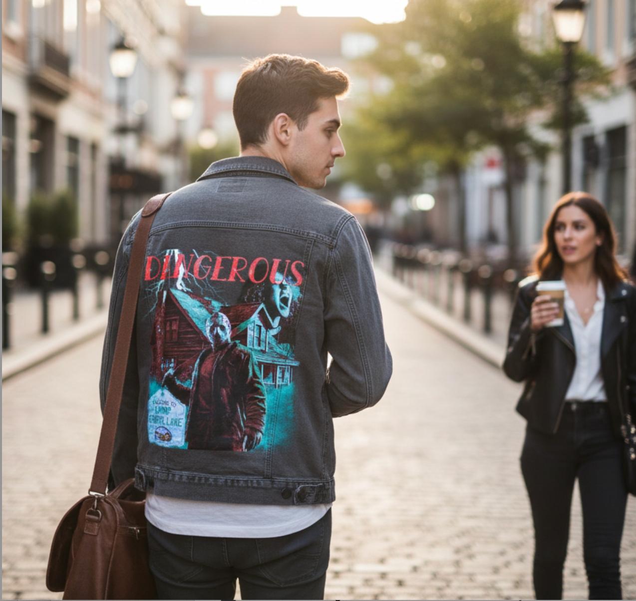 DANGEROUS by DeROUCHE DESIGNS, digitally printed on DENIM products: throw pillows, aprons, table place mats, and hand-made Unisex Denim Jackets in 3 color choices