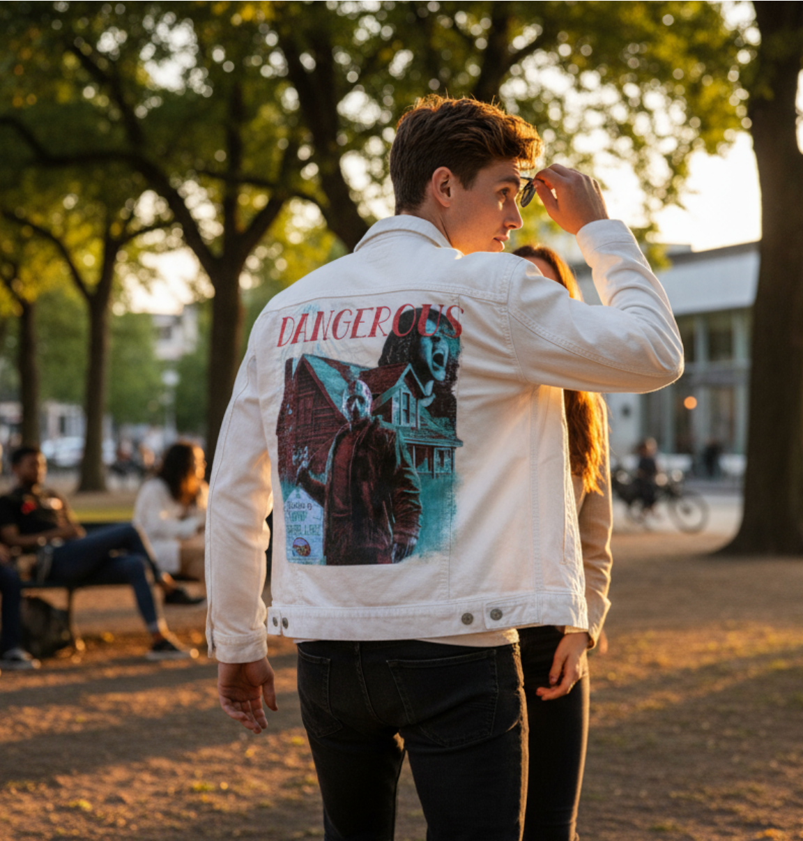 DANGEROUS by DeROUCHE DESIGNS, digitally printed on DENIM products: throw pillows, aprons, table place mats, and hand-made Unisex Denim Jackets in 3 color choices