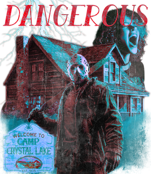 DANGEROUS by DeROUCHE DESIGNS, digitally printed on DENIM products: throw pillows, aprons, table place mats, and hand-made Unisex Denim Jackets in 3 color choices