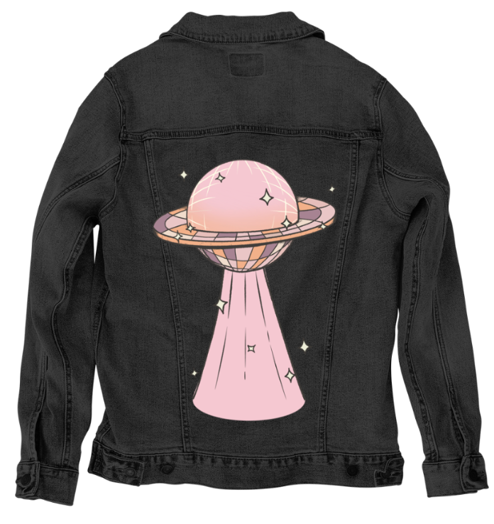 DISCO UFO by KITSCH AND CURATE, digitally printed on DENIM products: throw pillows, aprons, table place mats, and hand-made Unisex Denim Jackets in 3 color choices