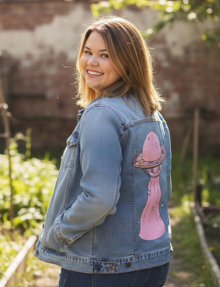 DISCO UFO by KITSCH AND CURATE, digitally printed on a hand-made Unisex Denim Jacket
