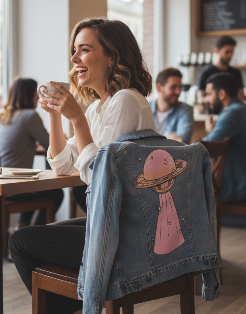 DISCO UFO by KITSCH AND CURATE, digitally printed on DENIM products: throw pillows, aprons, table place mats, and hand-made Unisex Denim Jackets in 3 color choices