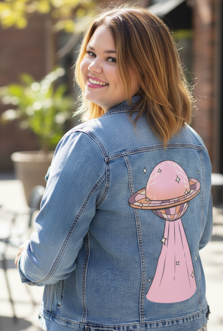 DISCO UFO by KITSCH AND CURATE, digitally printed on a hand-made Unisex Denim Jacket