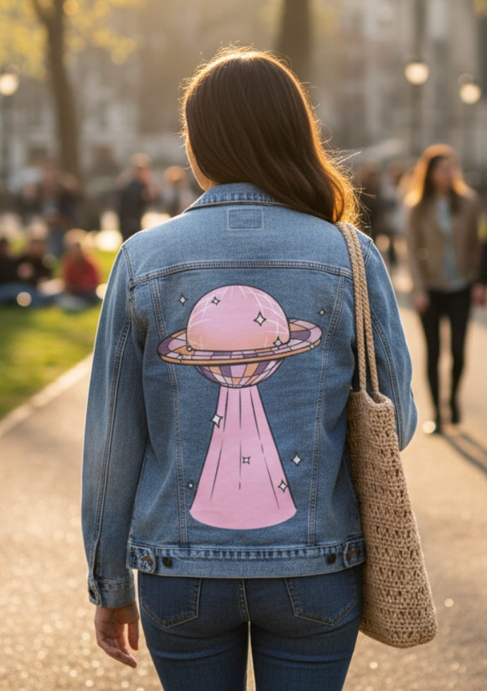 DISCO UFO by KITSCH AND CURATE, digitally printed on DENIM products: throw pillows, aprons, table place mats, and hand-made Unisex Denim Jackets in 3 color choices