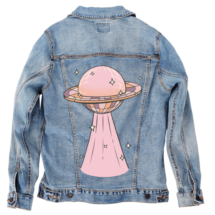 DISCO UFO by KITSCH AND CURATE, digitally printed on DENIM products: throw pillows, aprons, table place mats, and hand-made Unisex Denim Jackets in 3 color choices