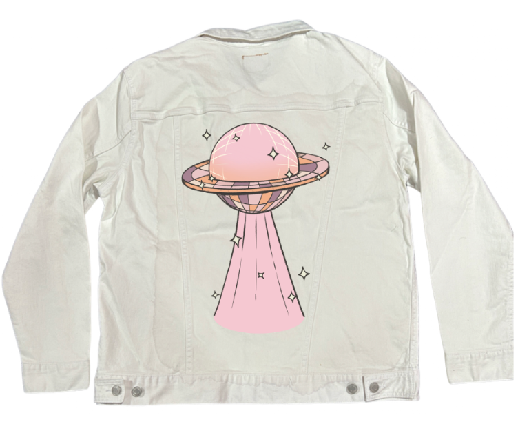 DISCO UFO by KITSCH AND CURATE, digitally printed on a hand-made Unisex Denim Jacket