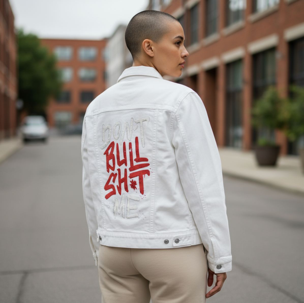 DON'T BULLSHIT ME, by TOBE FONSECA, digitally printed on DENIM products: throw pillows, aprons, table place mats, and hand-made Unisex Denim Jackets in 3 color choices