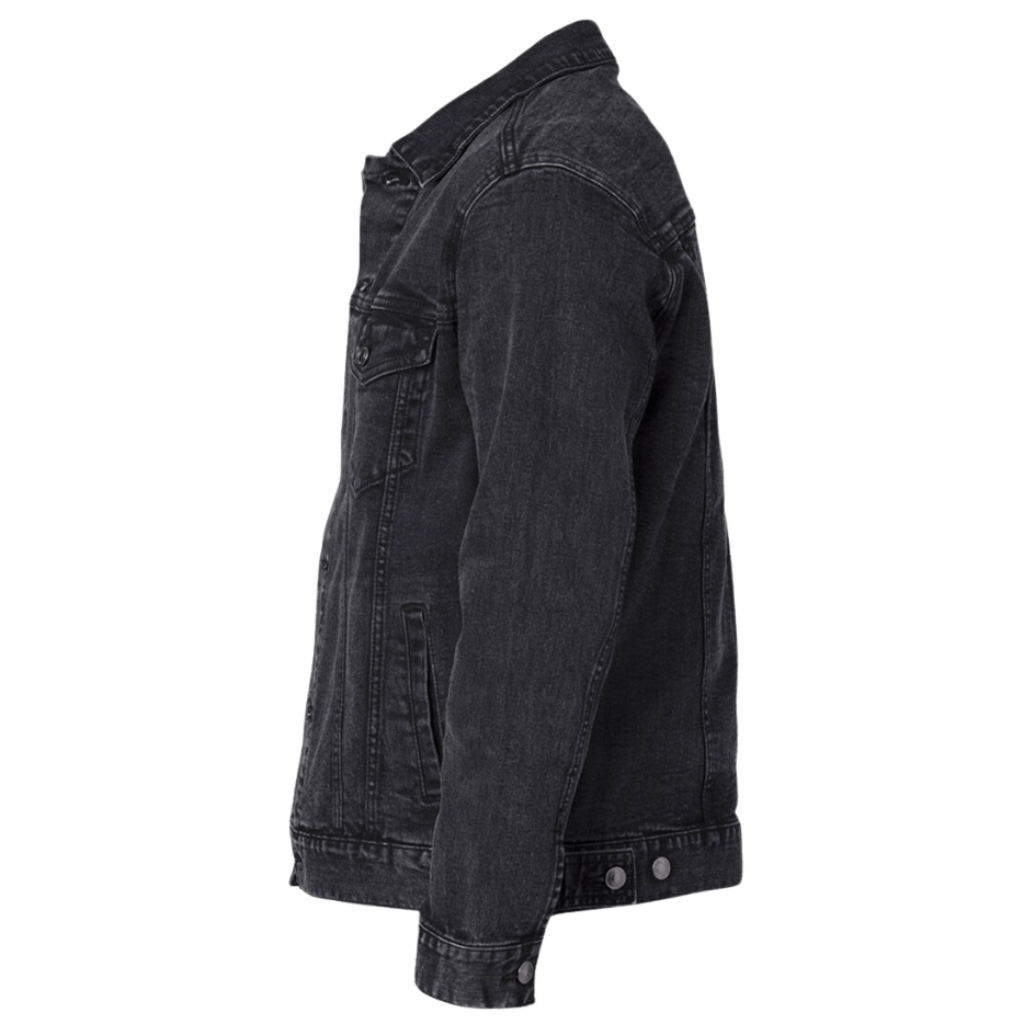 left side-view of a plain black denim jacket showing seams, button holes, liner, and fit with no artwork printed