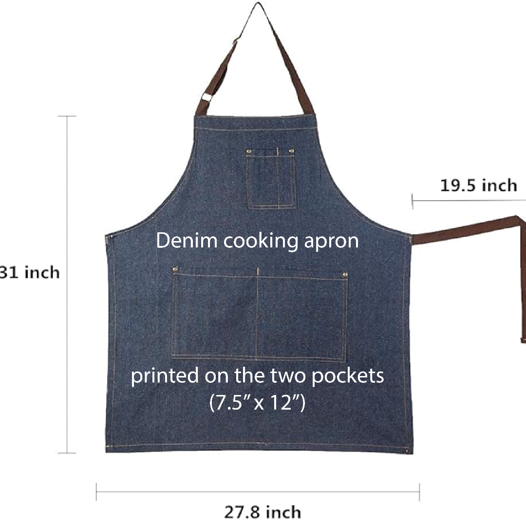 front view of a blue denim apron with contrast stitching, adjustable neck strap, and two front pockets. apron for cooking, art, pottery or other projects. image shows apron dimensions and highlights the printable area on the pockets for custom artwork or designs printed by DenimINK
