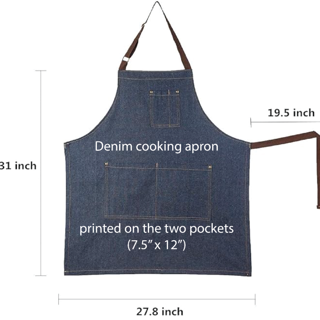 front view of a blue denim apron with contrast stitching, adjustable neck strap, and two front pockets. apron for cooking, art, pottery or other projects. image shows apron dimensions and highlights the printable area on the pockets for custom artwork or designs printed by DenimINK