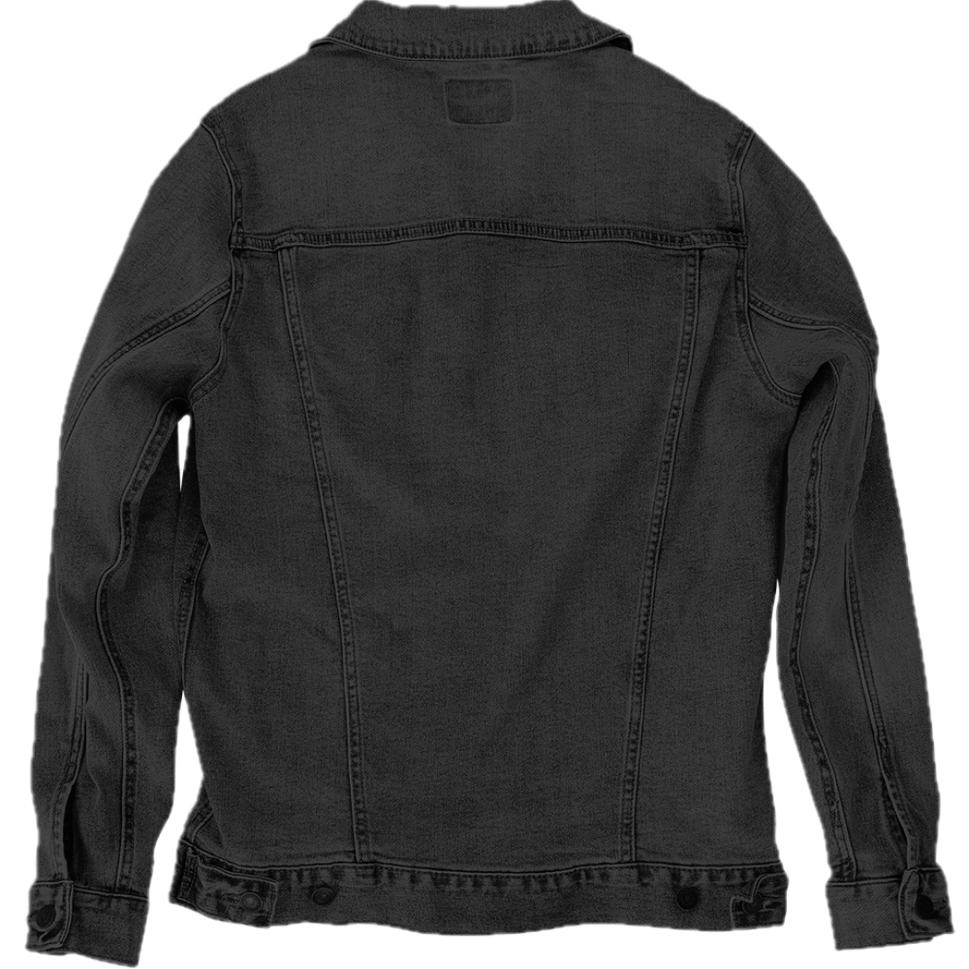 blank black denim jacket back showing seam detail and printable area for artwork, suitable for custom designs or independent artist artwork printed by DenimINK