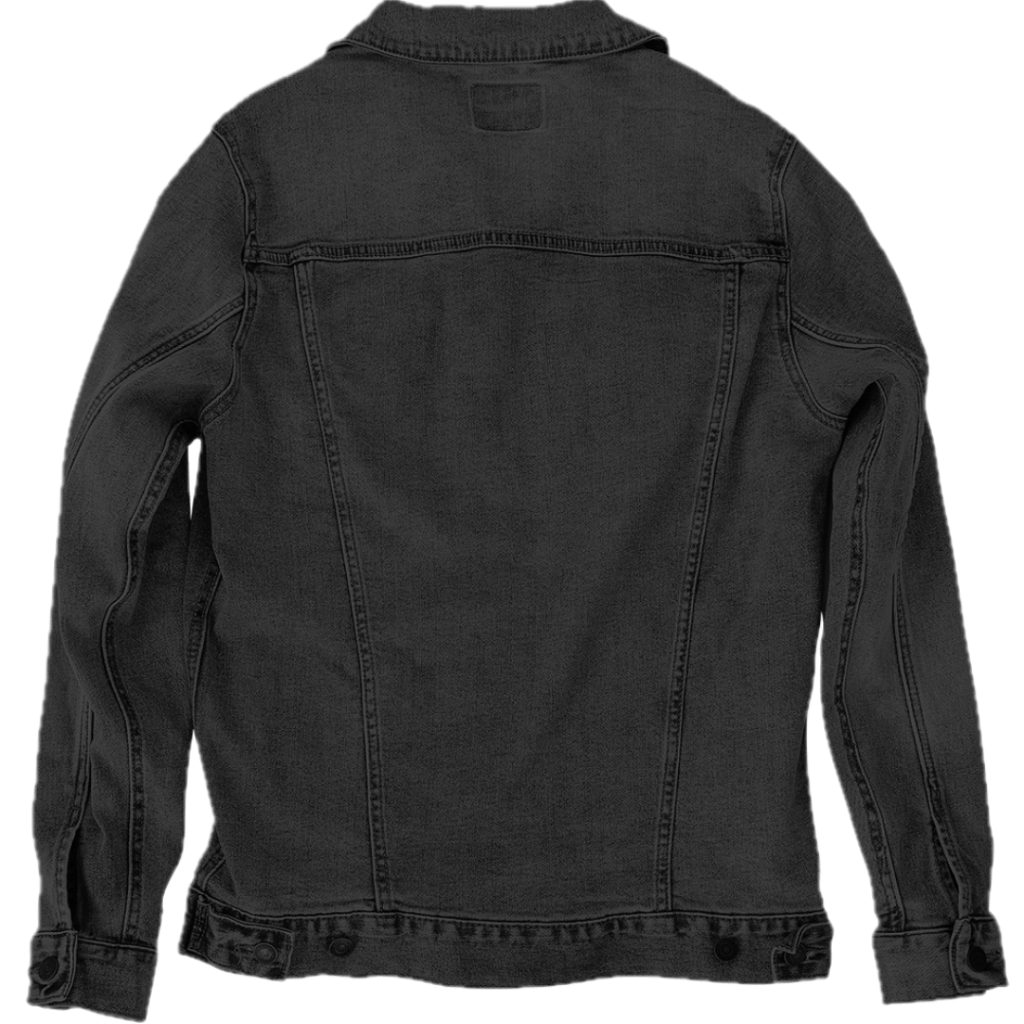 blank black denim jacket back showing seam detail and printable area for artwork, suitable for custom designs or independent artist artwork printed by DenimINK