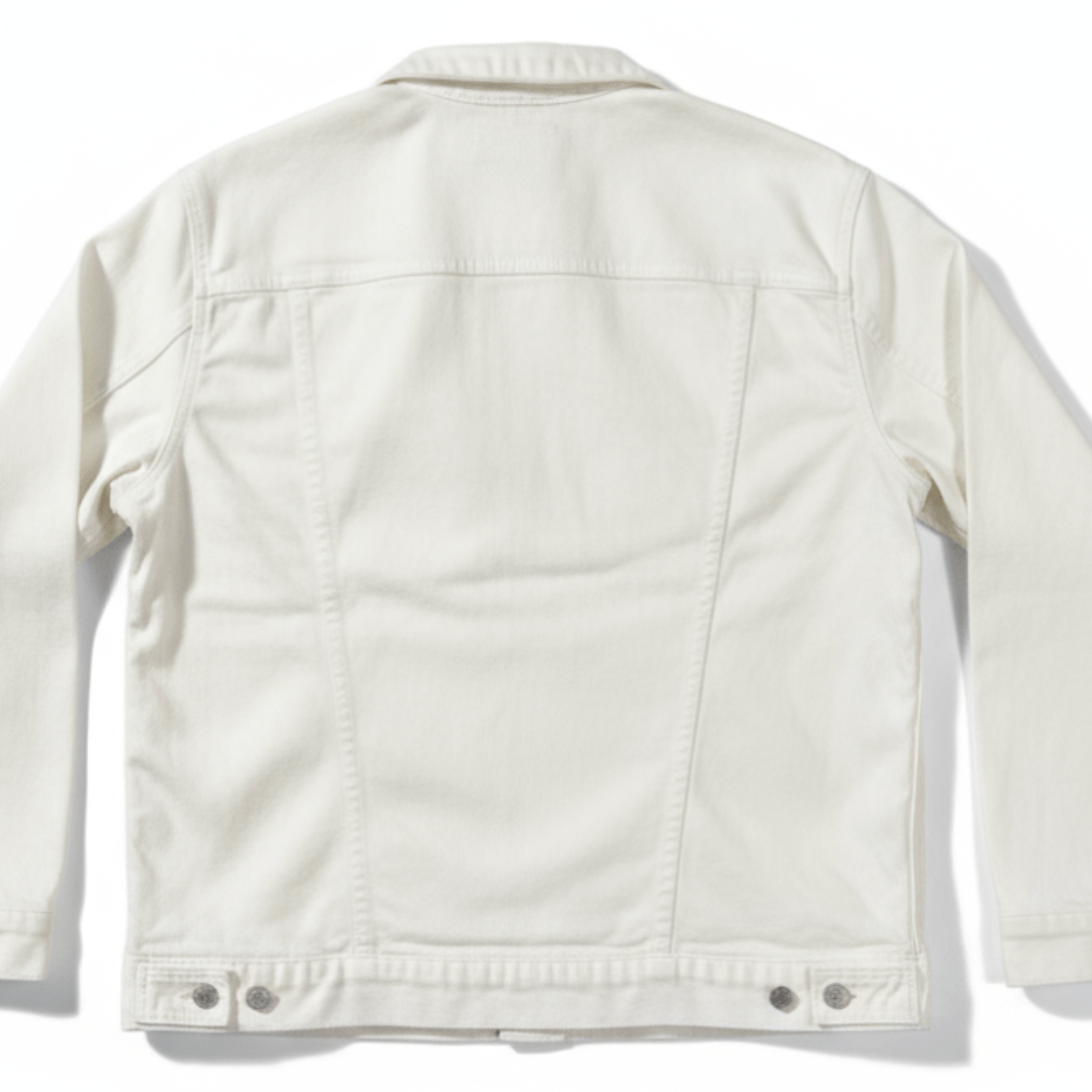 blank white denim jacket back showing seam detail and printable area for artwork, suitable for custom designs or independent artist artwork printed by DenimINK