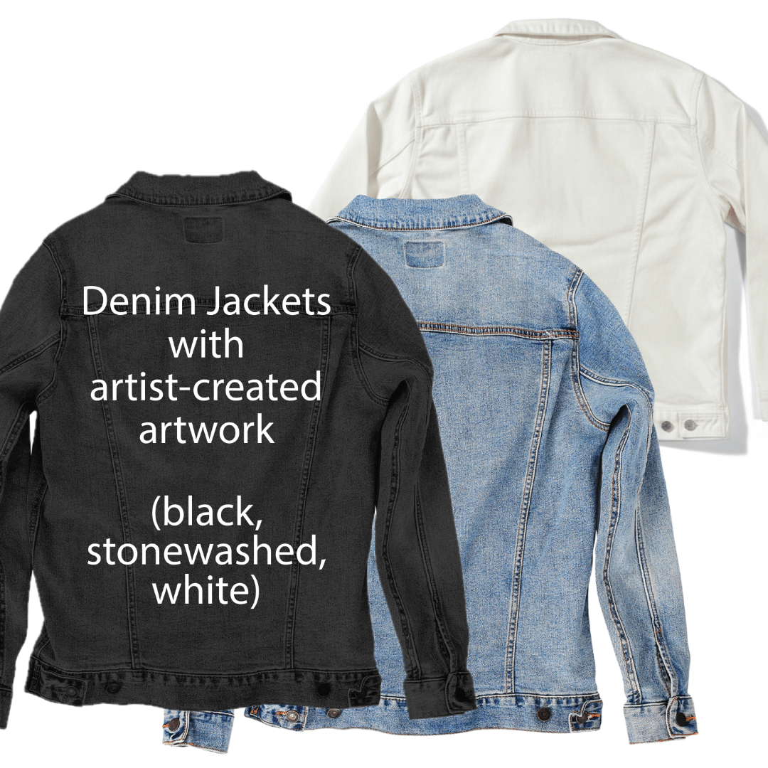 back view of three denim jackets in black, stonewashed blue, and white arranged side by side. image highlights the jacket styles and colors available for artist-created artwork digitally printed by DenimINK, with the black jacket centered in the foreground