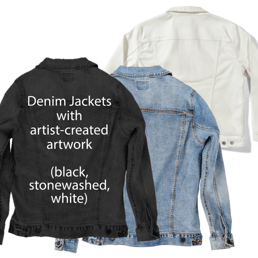 back view of three denim jackets in black, stonewashed blue, and white arranged side by side. image highlights the jacket styles and colors available for artist-created artwork digitally printed by DenimINK, with the black jacket centered in the foreground