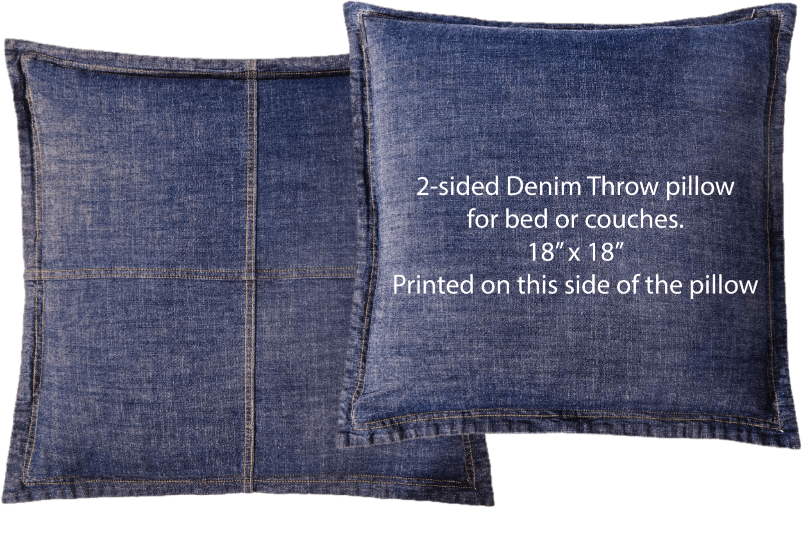 two denim throw pillows displayed side by side, showing both the front and back panels. the pillows are 18 by 18 inches with visible seam stitching and a dark blue denim texture. one side is designated as the printable surface.