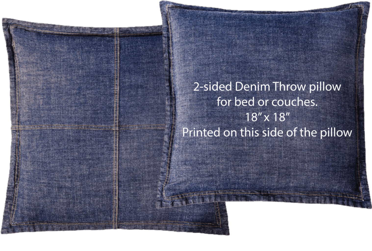 two denim throw pillows displayed side by side, showing both the front and back panels. the pillows are 18 by 18 inches with visible seam stitching and a dark blue denim texture. one side is designated as the printable surface.