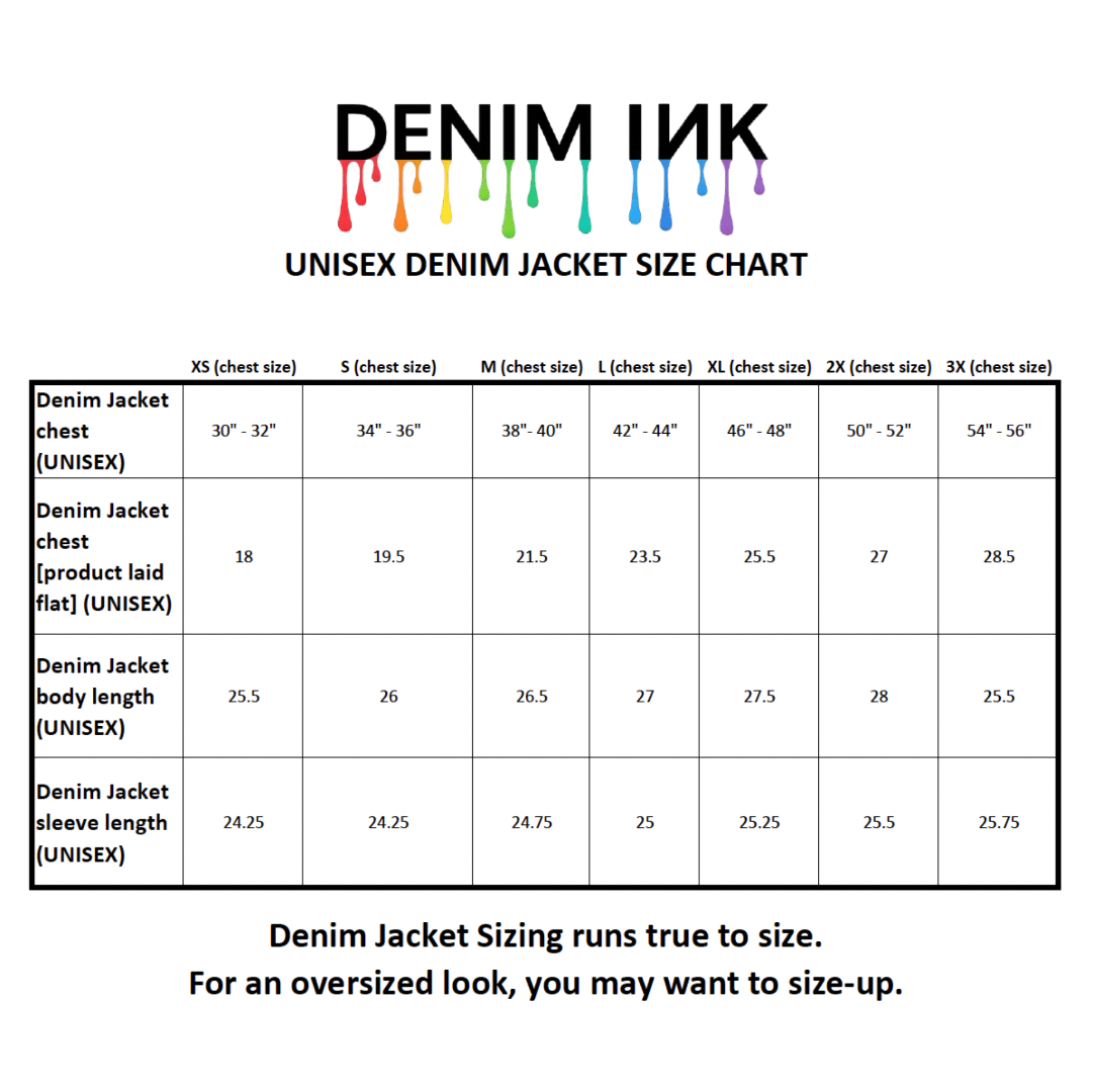 size chart for unisex denim jackets by DenimINK, showing garment measurements across sizes XS to 3X. the chart includes chest size ranges in inches, flat chest measurements, body length, and sleeve length for each size. a note at the bottom advises that the jackets run true to size, with a suggestion to size up for an oversized fit.