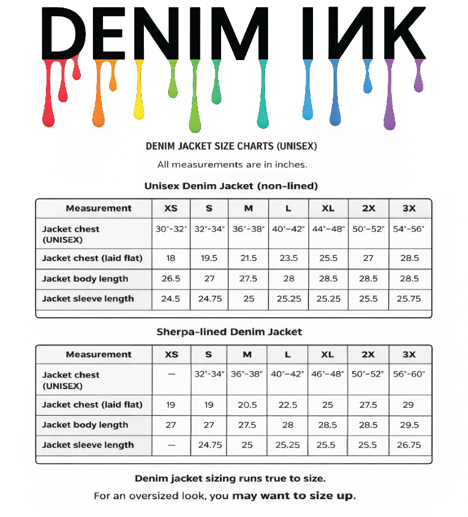 size chart for unisex denim jackets (non-lined) and Unisex Sherpa-lined denim jackets digitally printed by DenimINK, showing garment measurements across sizes XS to 3X. the chart includes chest size ranges in inches, flat chest measurements, body length, and sleeve length for each size. a note at the bottom advises that the jackets run true to size, with a suggestion to size up for an oversized fit.