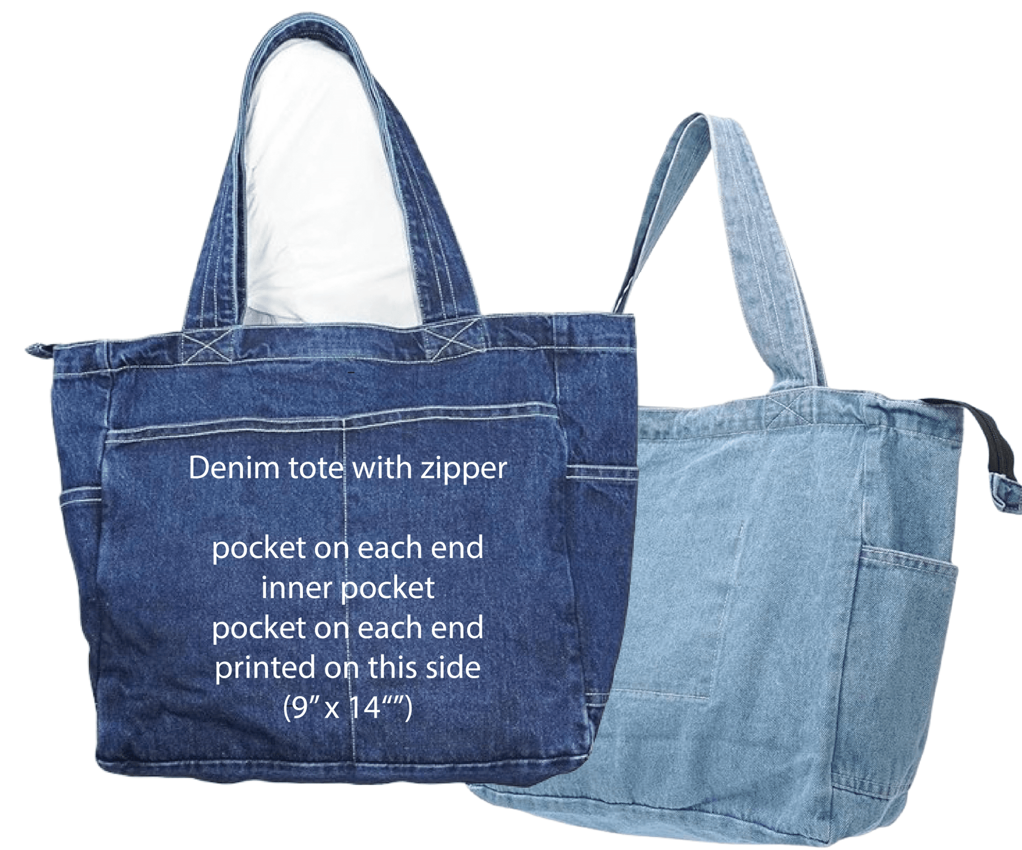 two denim tote bags that can be digitally printed by DenimINK with either customer design or artist-designed artwork