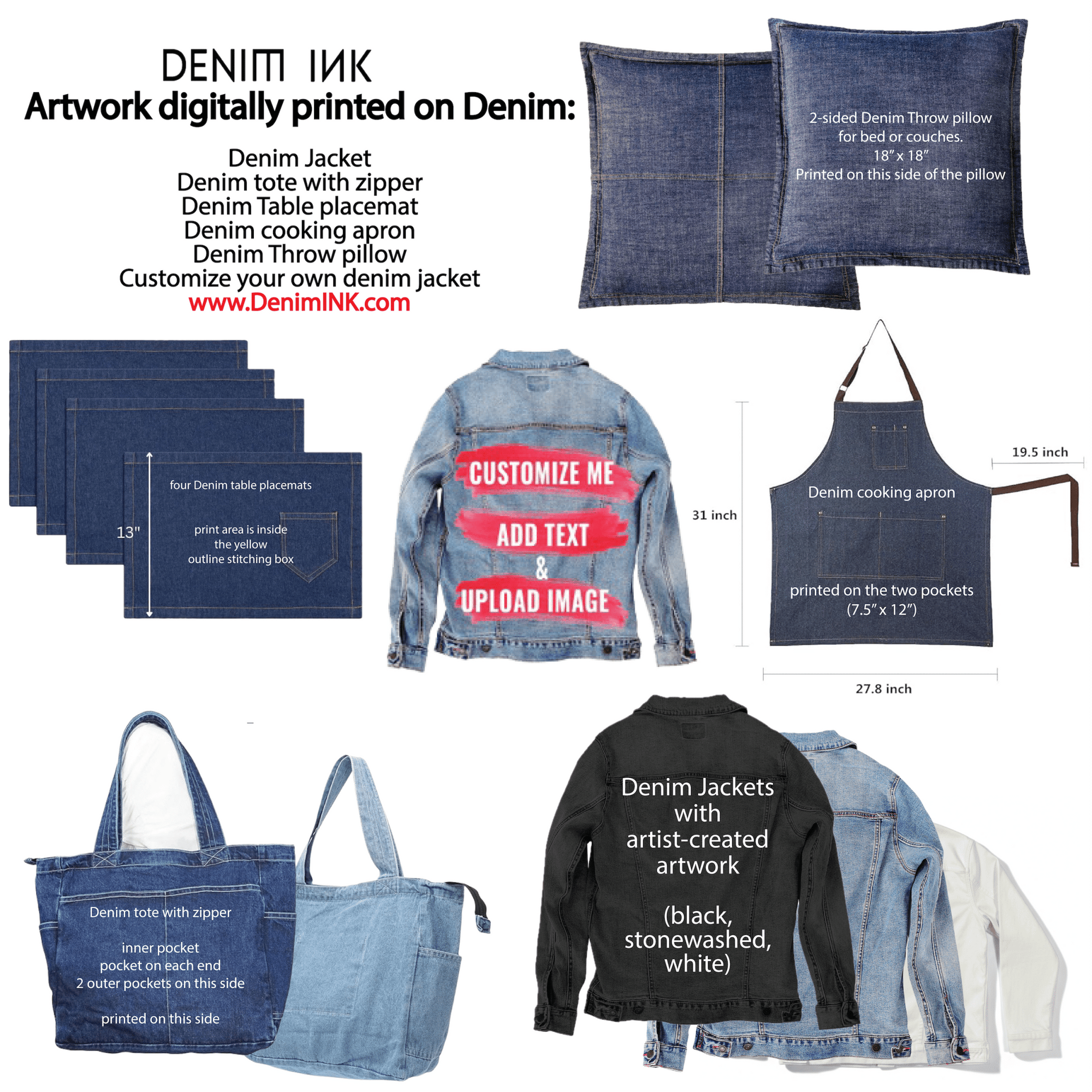 denim products available for digitally printing: throw pillows, aprons, table place mats, hand-crafted Unisex Denim Jackets