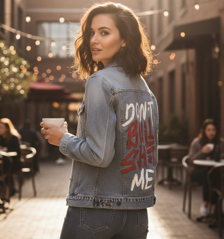 DON'T BULLSHIT ME, by TOBE FONSECA, digitally printed on DENIM products: throw pillows, aprons, table place mats, and hand-made Unisex Denim Jackets in 3 color choices
