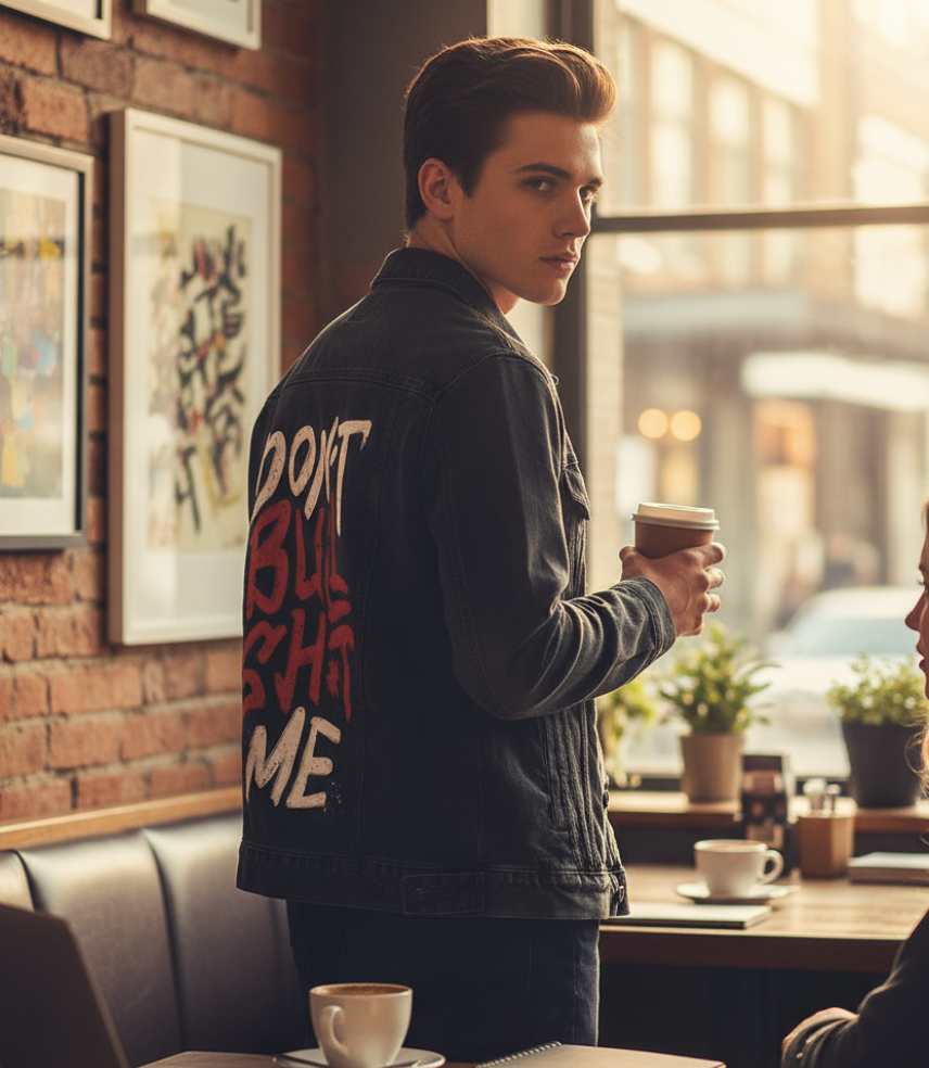 DON'T BULLSHIT ME, by TOBE FONSECA, digitally printed on DENIM products: throw pillows, aprons, table place mats, and hand-made Unisex Denim Jackets in 3 color choices