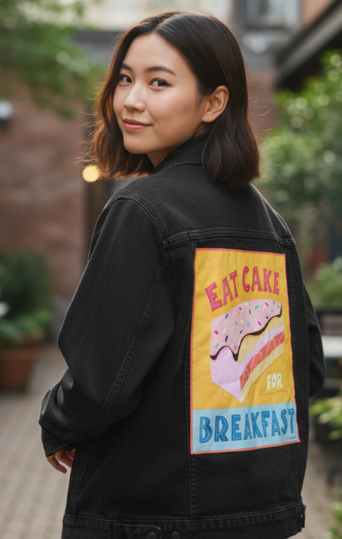 EAT CAKE FOR BREAKFAST by thearticsoul, digitally printed on DENIM products: throw pillows, aprons, table place mats, and hand-made Unisex Denim Jackets in 3 color choices