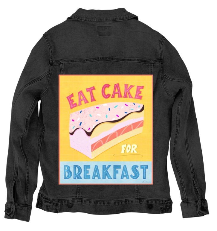 EAT CAKE FOR BREAKFAST by thearticsoul, digitally printed on DENIM products: throw pillows, aprons, table place mats, and hand-made Unisex Denim Jackets in 3 color choices