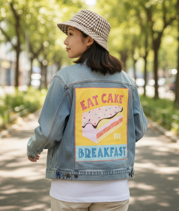 EAT CAKE FOR BREAKFAST by thearticsoul, digitally printed on DENIM products: throw pillows, aprons, table place mats, and hand-made Unisex Denim Jackets in 3 color choices