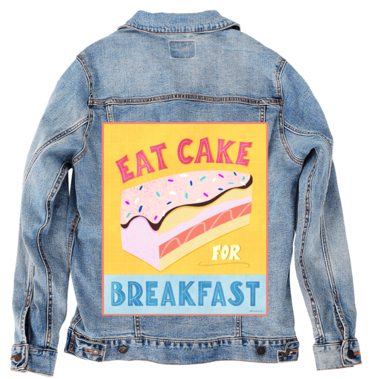 EAT CAKE FOR BREAKFAST by THEARTICSOUL, digitally printed on a hand-made Unisex Denim Jacket