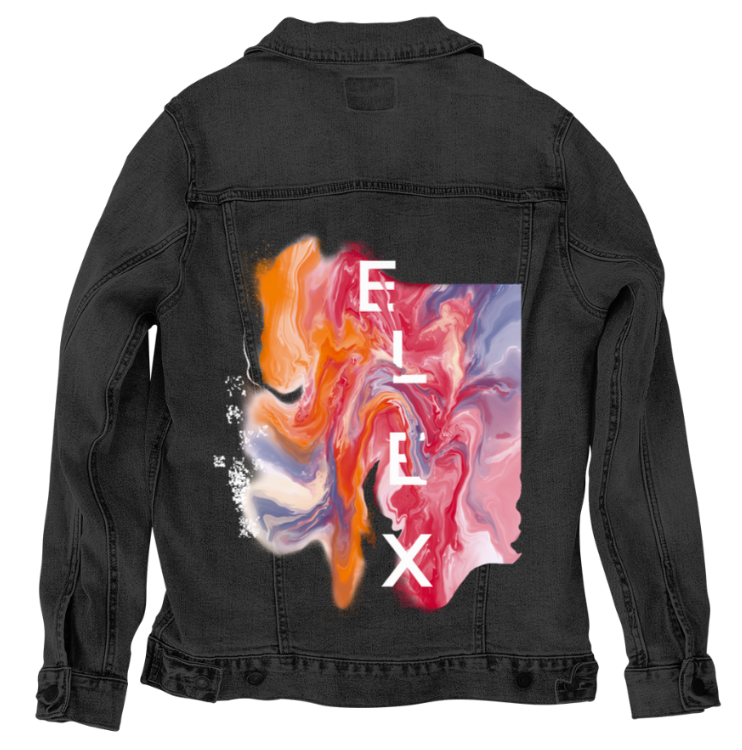 ELIX ABSTRACT by RAMIR DESIGNS, digitally printed on DENIM products: throw pillows, aprons, table place mats, and hand-made Unisex Denim Jackets in 3 color choices