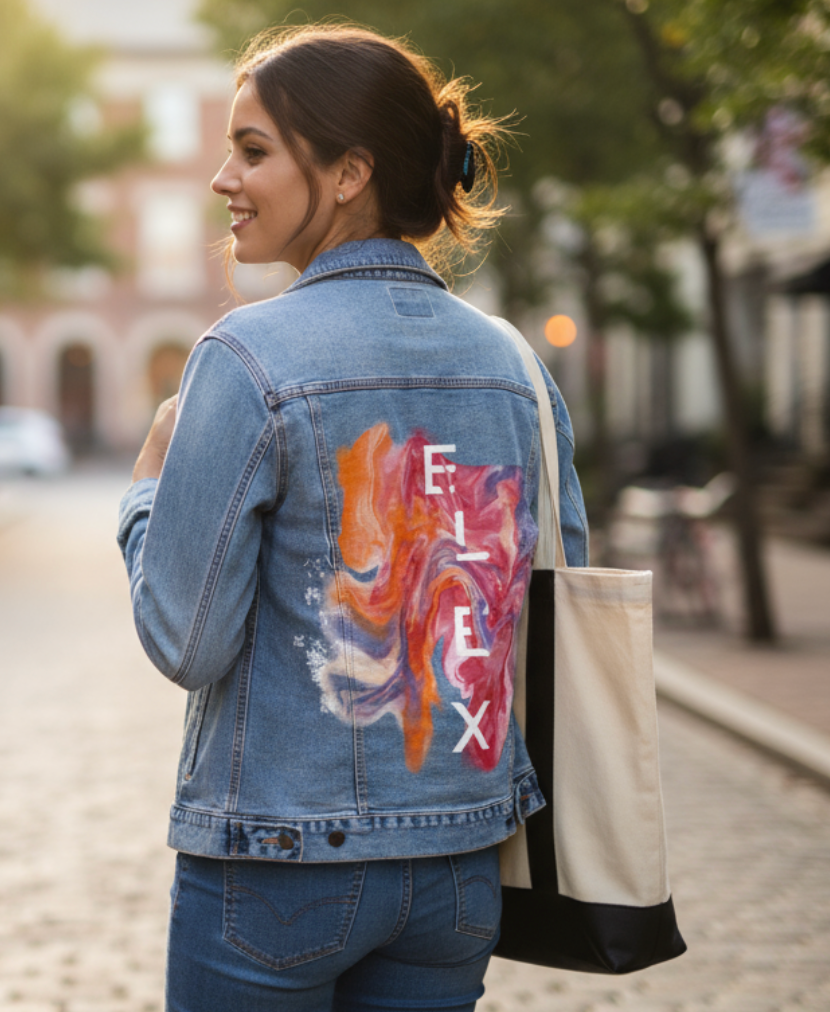 ELIX ABSTRACT by RAMIR DESIGNS, digitally printed on DENIM products: throw pillows, aprons, table place mats, and hand-made Unisex Denim Jackets in 3 color choices