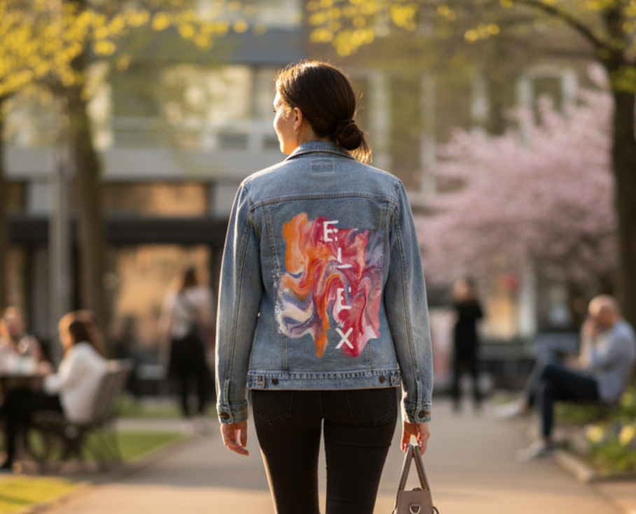 ELIX ABSTRACT by RAMIR DESIGNS, digitally printed on DENIM products: throw pillows, aprons, table place mats, and hand-made Unisex Denim Jackets in 3 color choices