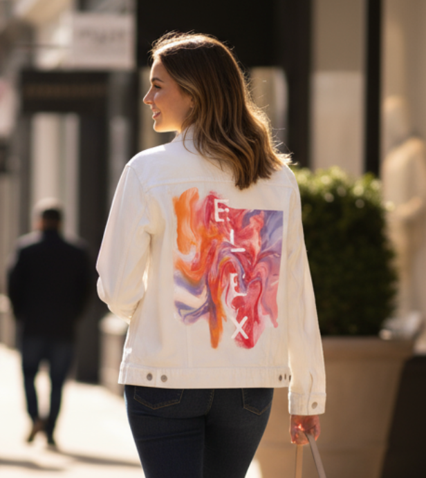 ELIX ABSTRACT by RAMIR DESIGNS, digitally printed on DENIM products: throw pillows, aprons, table place mats, and hand-made Unisex Denim Jackets in 3 color choices