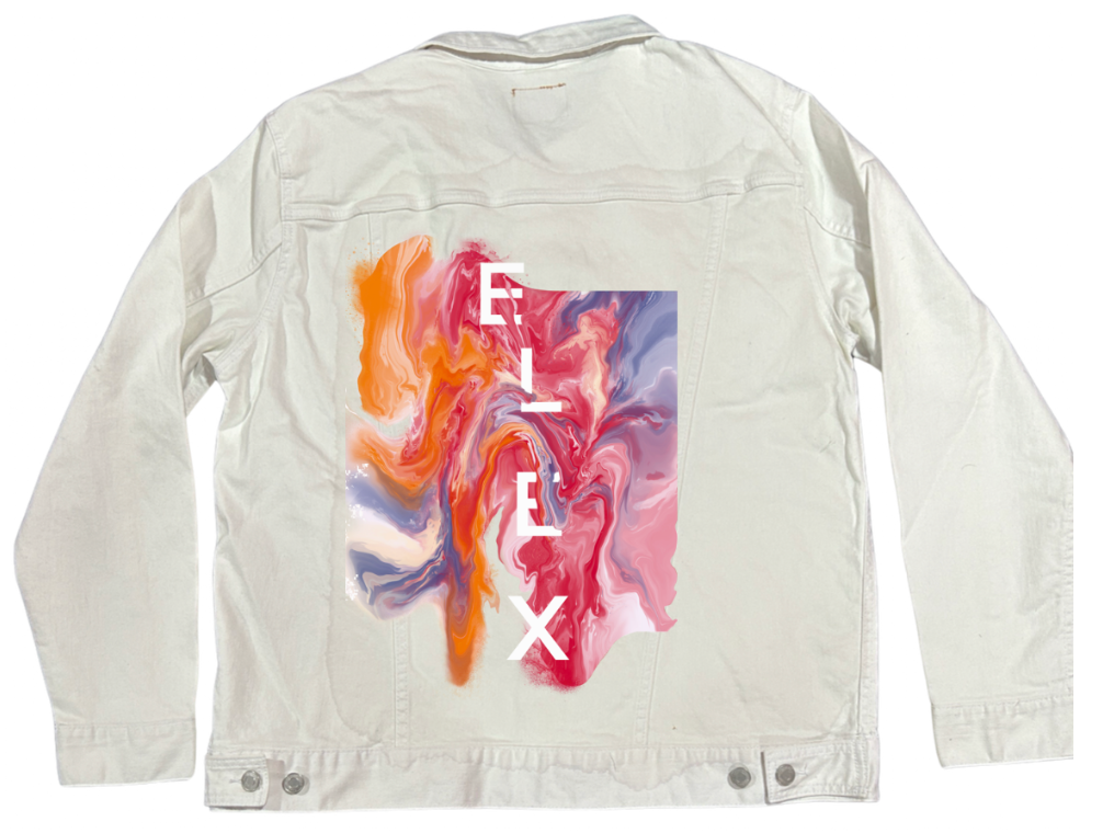 ELIX ABSTRACT by RAMIR DESIGNS, digitally printed on DENIM products: throw pillows, aprons, table place mats, and hand-made Unisex Denim Jackets in 3 color choices