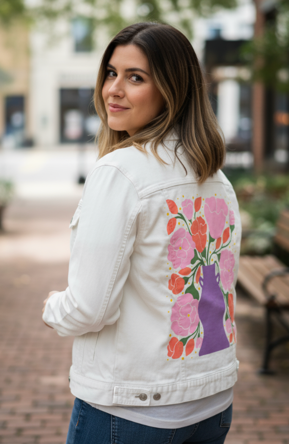 EMBER and BLUSH BOUQUET by IndySign, digitally printed on DENIM products: throw pillows, aprons, table place mats, and hand-made Unisex Denim Jackets in 3 color choices