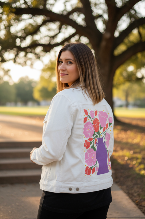 EMBER and BLUSH BOUQUET by IndySign, digitally printed on DENIM products: throw pillows, aprons, table place mats, and hand-made Unisex Denim Jackets in 3 color choices