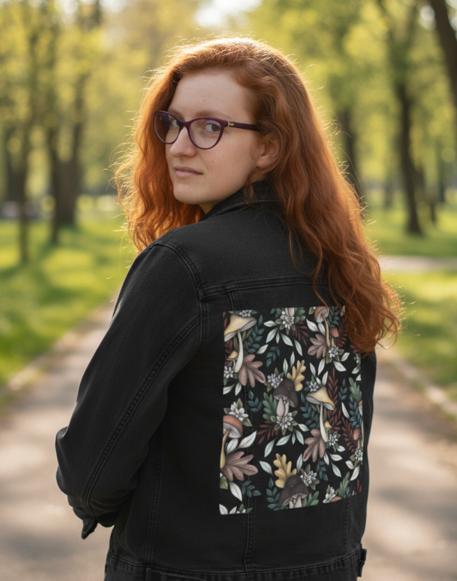 ENCHANTED MUSHROOMS by CECILIA BATTAINI, digitally printed on DENIM products: throw pillows, aprons, table place mats, and hand-made Unisex Denim Jackets in 3 color choices