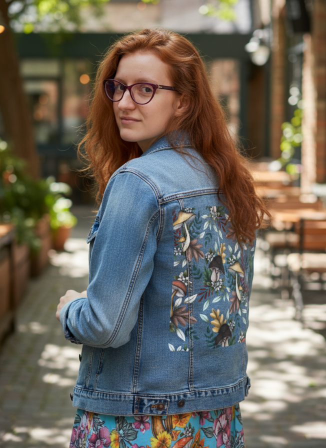 ENCHANTED MUSHROOMS by CECILIA BATTAINI, digitally printed on DENIM products: throw pillows, aprons, table place mats, and hand-made Unisex Denim Jackets in 3 color choices