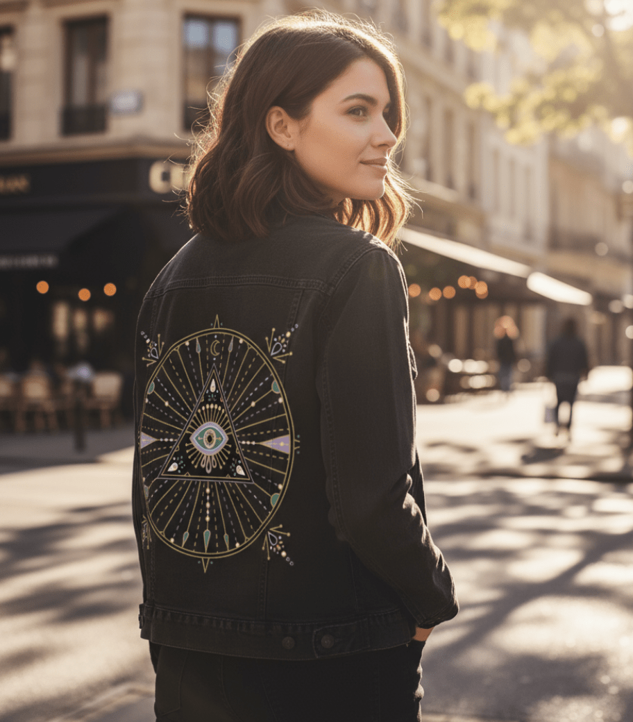 Printed Denim Jacket EVIL EYE MANDALA by CatCoq, digitally printed on DENIM products: throw pillows, aprons, table place mats, and hand-made Unisex Denim Jackets in 3 color choices EVIL EYE MANDALA by CatCoq, digitally printed on DENIM products: throw pillows, aprons, table place mats, and hand-made Unisex Denim Jackets in 3 color choices