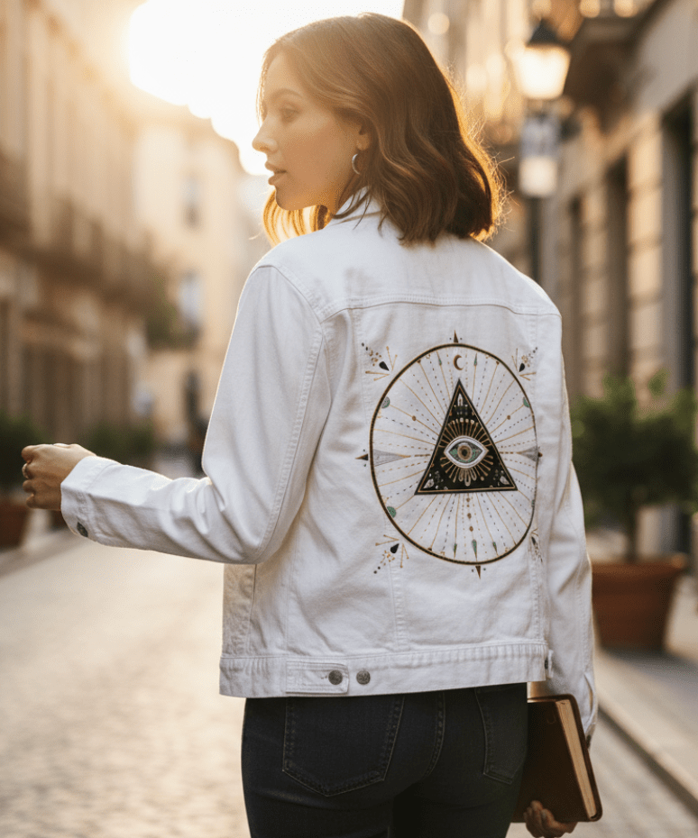 Printed Denim Jacket EVIL EYE MANDALA by CatCoq, digitally printed on DENIM products: throw pillows, aprons, table place mats, and hand-made Unisex Denim Jackets in 3 color choices EVIL EYE MANDALA by CatCoq, digitally printed on DENIM products: throw pillows, aprons, table place mats, and hand-made Unisex Denim Jackets in 3 color choices