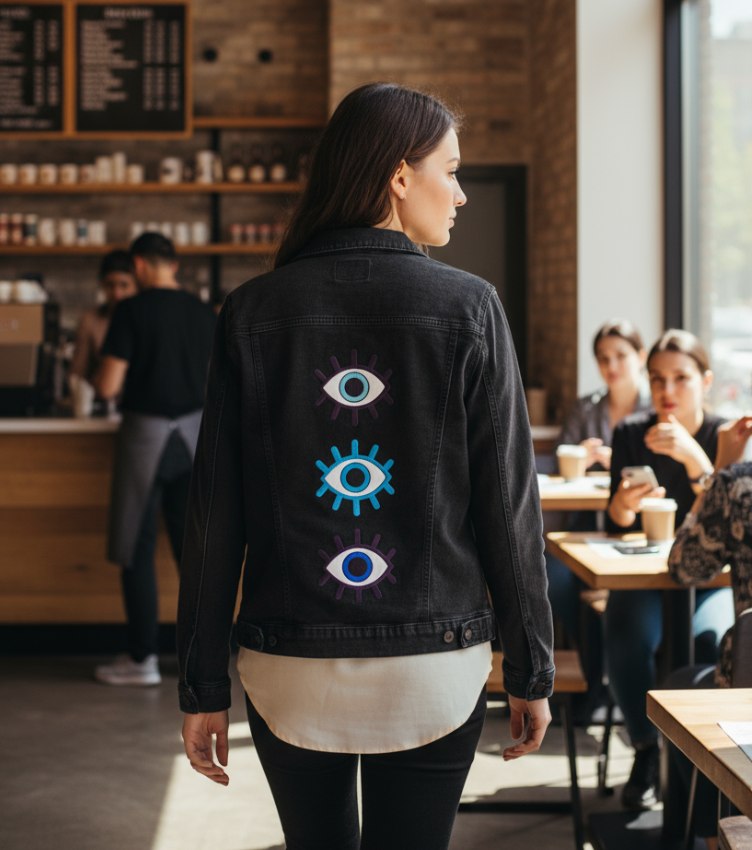 EYES ON YOU by HEND SHEHATA, digitally printed on DENIM products: throw pillows, aprons, table place mats, and hand-made Unisex Denim Jackets in 3 color choices