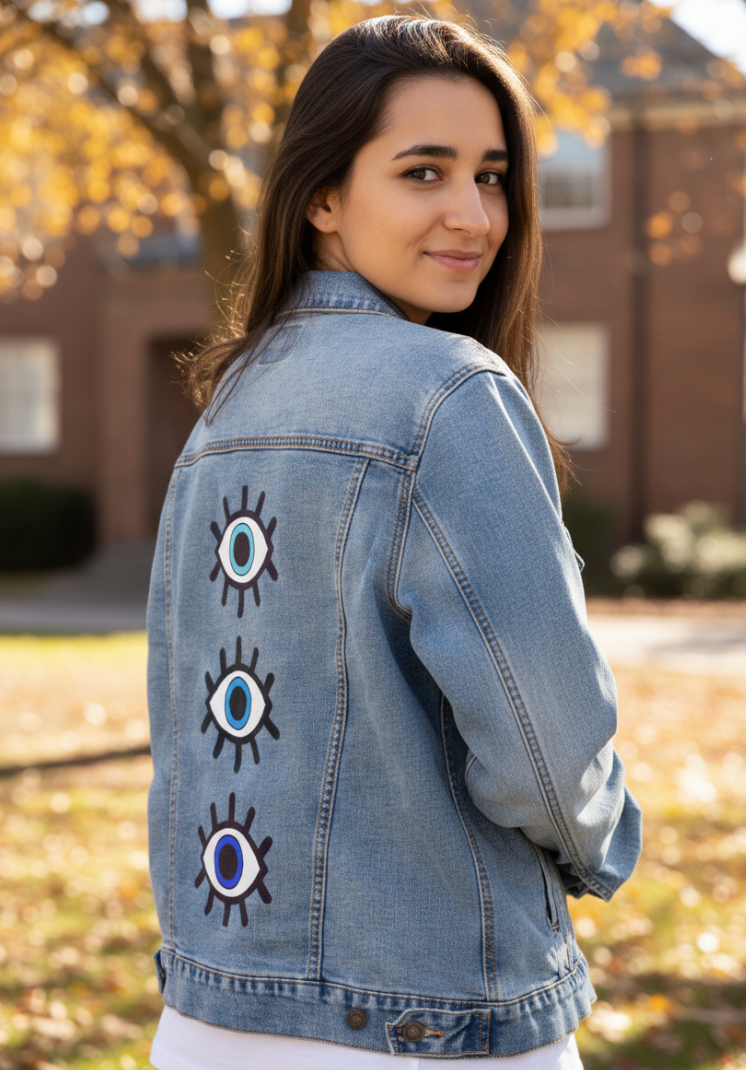 EYES ON YOU by HEND SHEHATA, digitally printed on DENIM products: throw pillows, aprons, table place mats, and hand-made Unisex Denim Jackets in 3 color choices