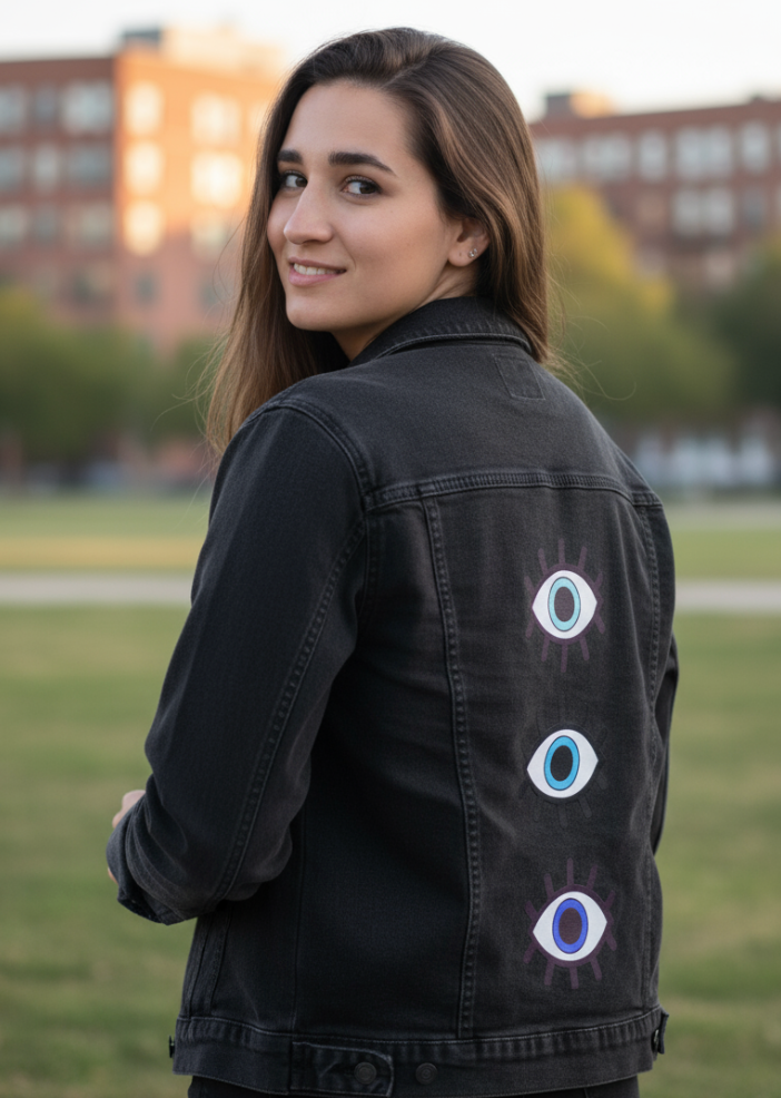 EYES ON YOU by HEND SHEHATA, digitally printed on DENIM products: throw pillows, aprons, table place mats, and hand-made Unisex Denim Jackets in 3 color choices