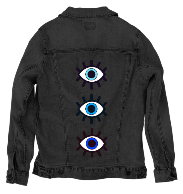 EYES ON YOU by HEND SHEHATA, digitally printed on DENIM products: throw pillows, aprons, table place mats, and hand-made Unisex Denim Jackets in 3 color choices